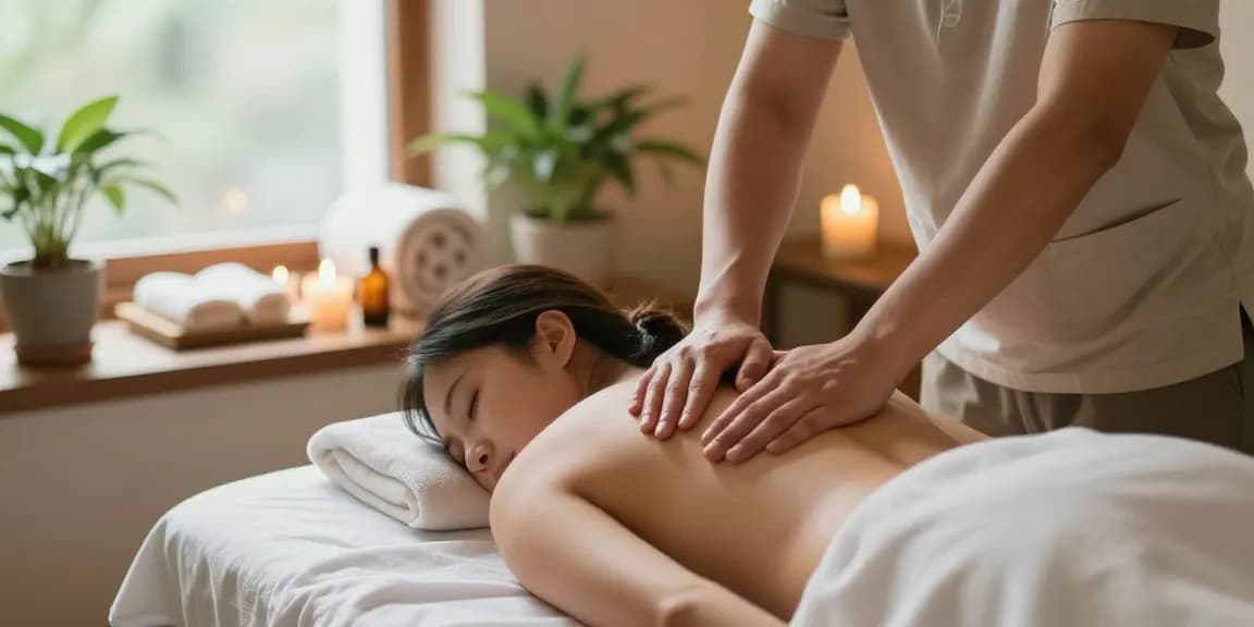 마사지 중인 Therapi의 손과 고객의 편안한 표정이 담긴 모습