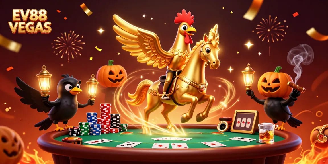Experience the thrill of EV88 VEGAS as the golden rooster navigates a lively casino atmosphere.