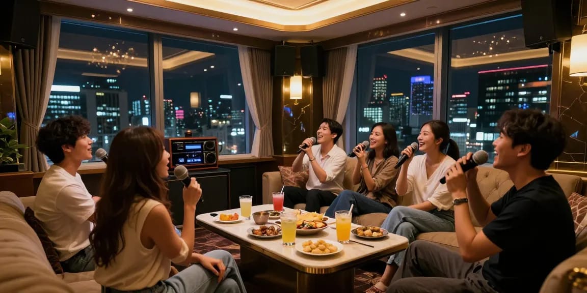강남쩜오의 프리미엄 노래방에서 즐거운 친구들과 함께 노래를 부르는 모습