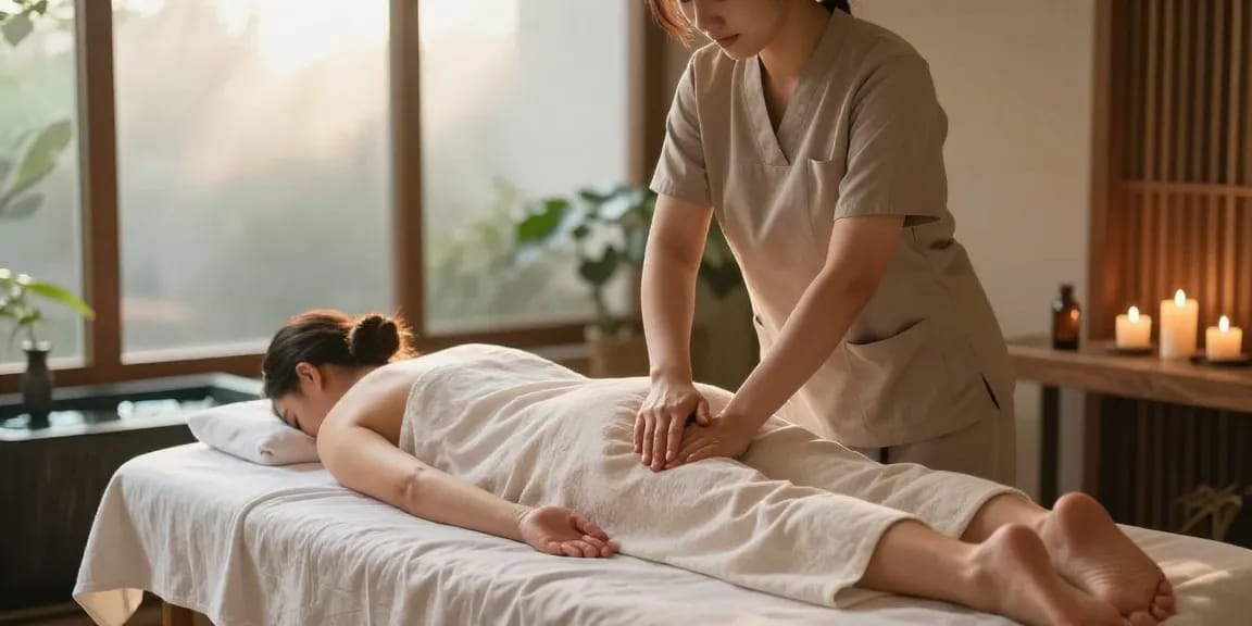 마사지 테라피스트가 부드러운 조명의 스파 환경에서 고객에게 스웨디시 마사지를 제공하는 모습