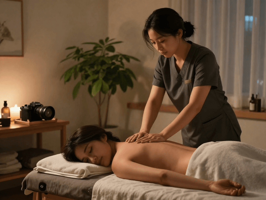 Relaxing 영등포출장안마 session showcasing a professional therapist in a serene home setting.