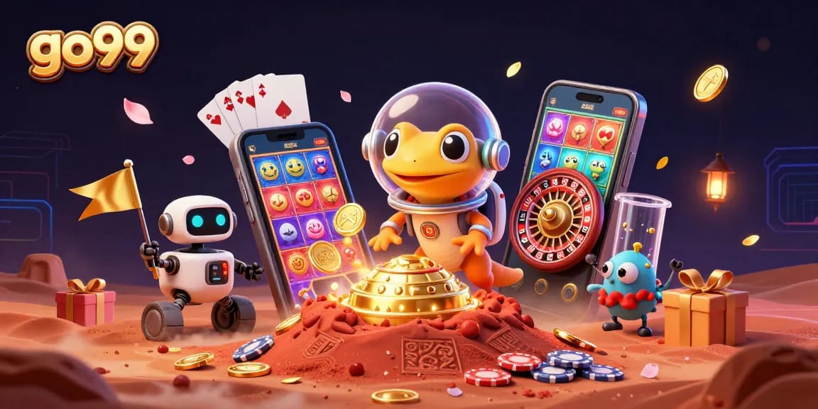 Engage in thrilling casino games at go99 with a fun Martian gecko and exciting gaming elements.