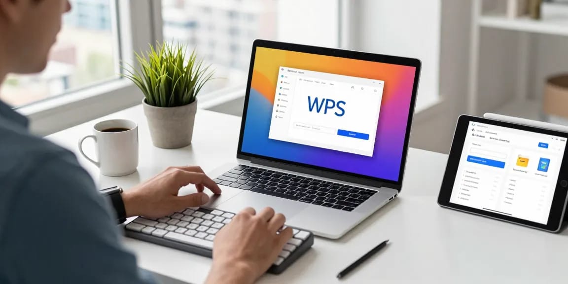 Person downloading WPS Download on laptop in modern workspace with city views.