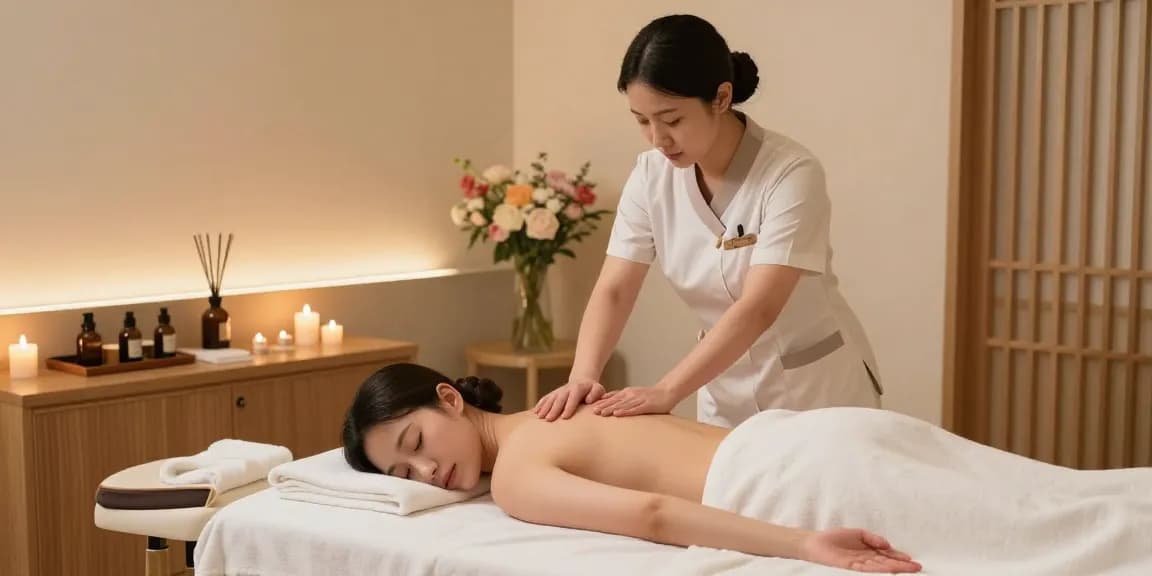 강남여성전용마사지 session in a tranquil spa room with a female therapist.