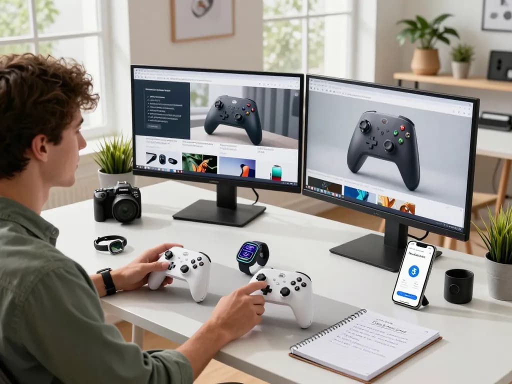 Exploring trending tech gadgets including Bluetooth devices in a modern workspace.