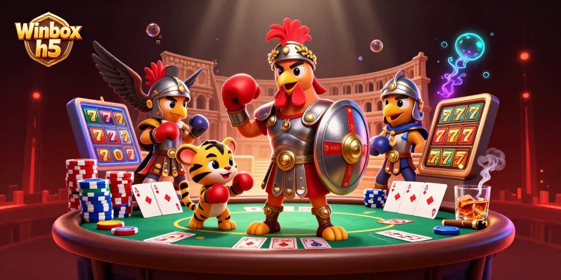 Experience Winbox h5's thrilling atmosphere with a gladiator rooster, poker chips, and vibrant gaming elements.
