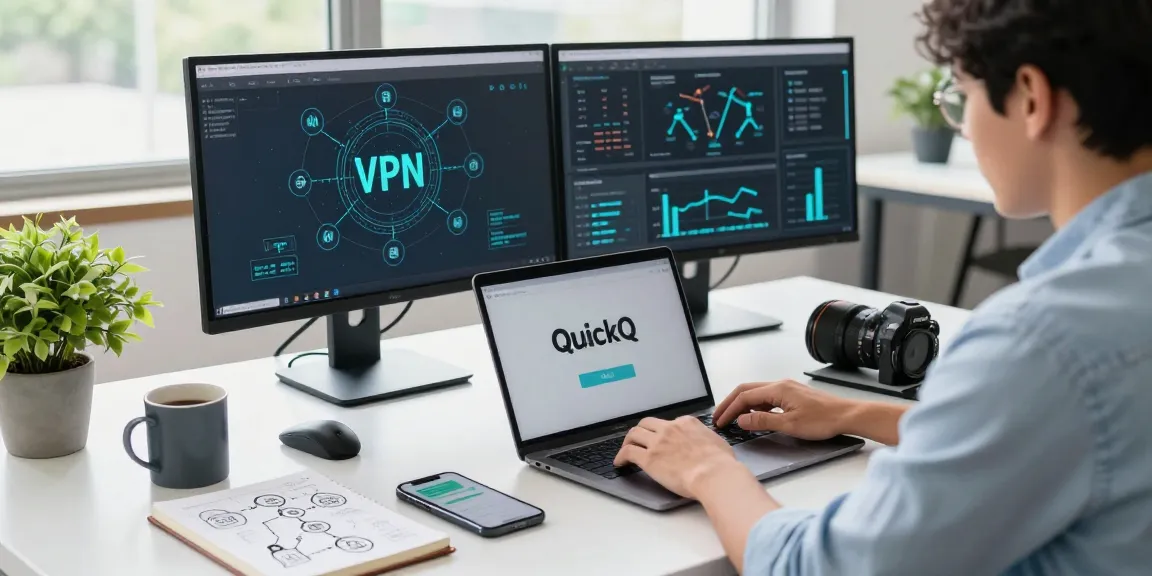 使用quickq电脑版在现代办公空间中的专业人士,展示安全网络连接的场景。