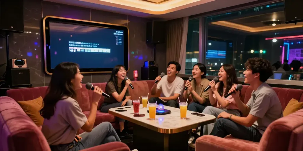 강남달토에서 친구들과 함께 노래를 부르는 즐거운 밤 풍경
