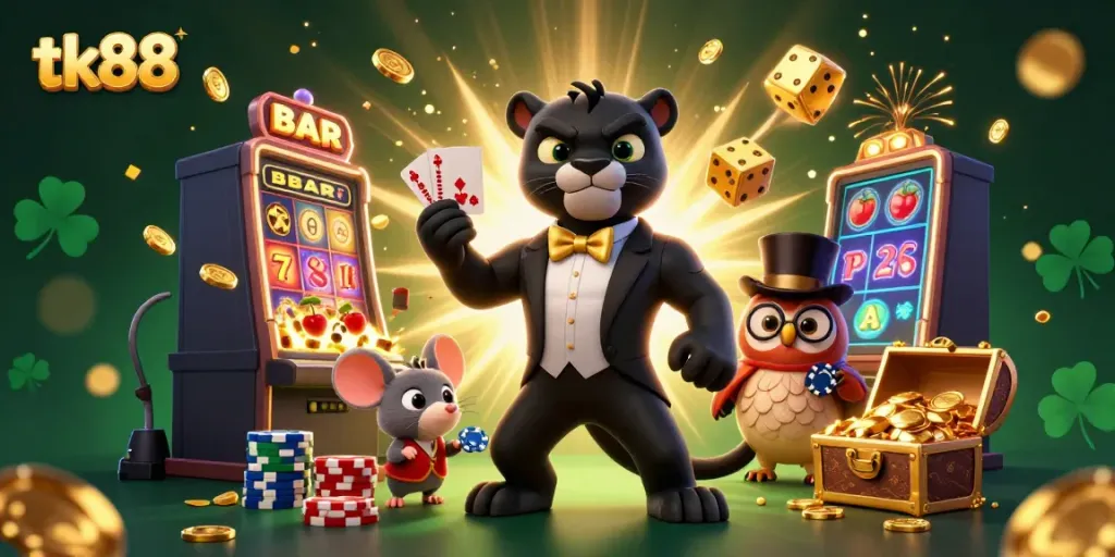 Experience the excitement of tk88 with colorful slot machines, poker chips, and animated characters.