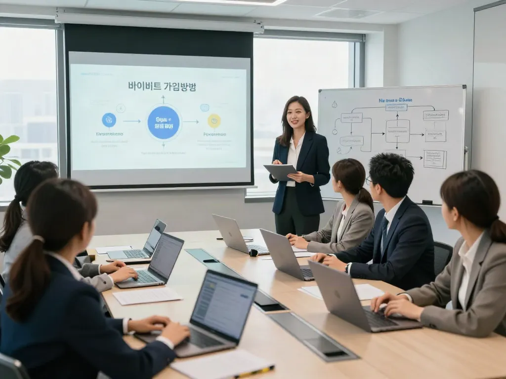 바이비트 가입방법을 설명하는 회의 장면, 팀원들이 적극적으로 참여하고 있는 모습