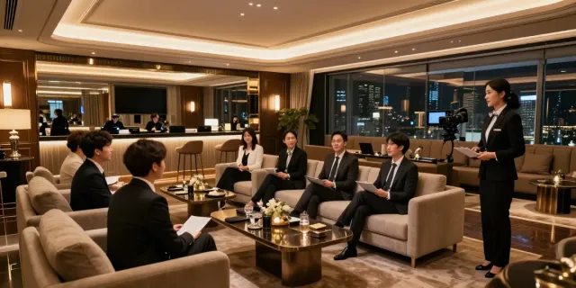 강남 타이밍의 고급스러운 쩜오 내부에서 비즈니스 손님이 즐기는 모습