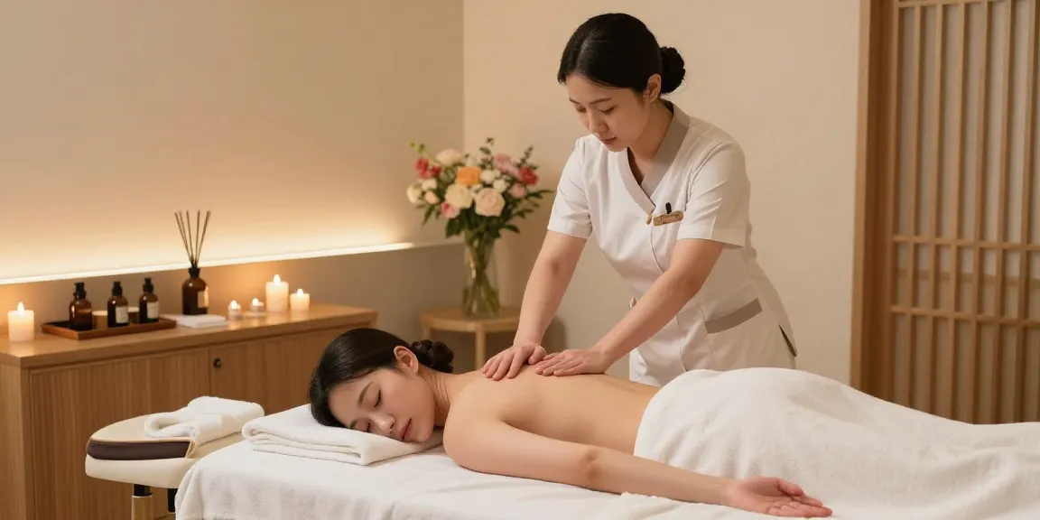 강남여성전용마사지 session in a tranquil spa room with a female therapist.