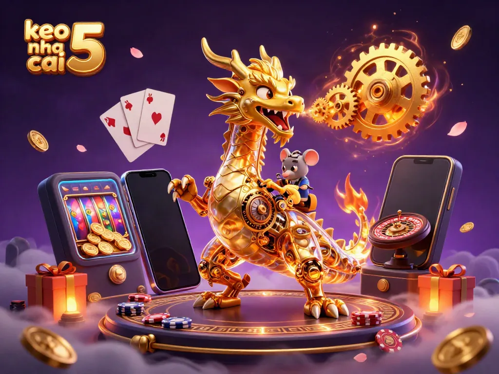 Experience the excitement of keo nha cai 5 with a golden dragon breathing gears, symbolizing dynamic betting opportunities.