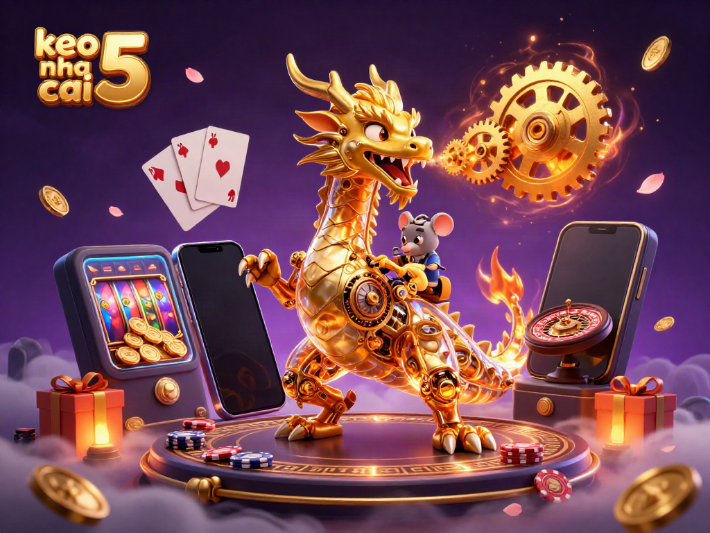 Experience the excitement of keo nha cai 5 with a golden dragon breathing gears, symbolizing dynamic betting opportunities.