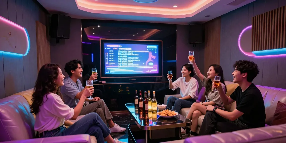 강남가라오케에서 친구들과 함께 즐기는 화려한 사교 모임 장면