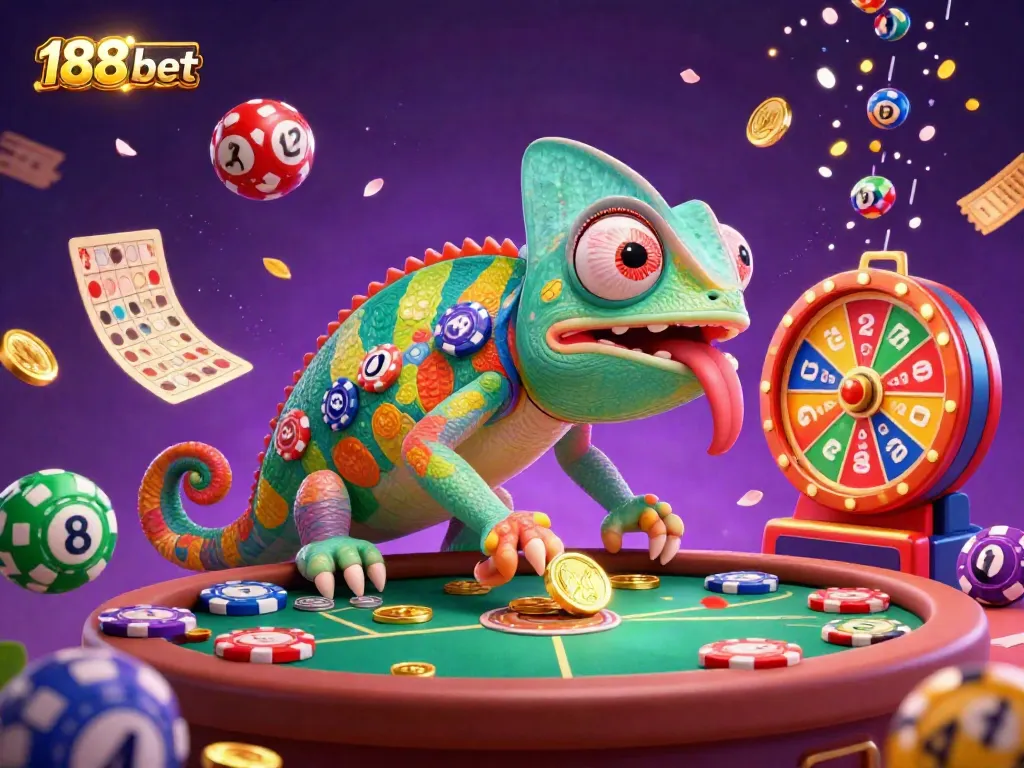 Experience vibrant gaming action with 188 bet as the chameleon casino owner captures golden coins in this lively casino scene.