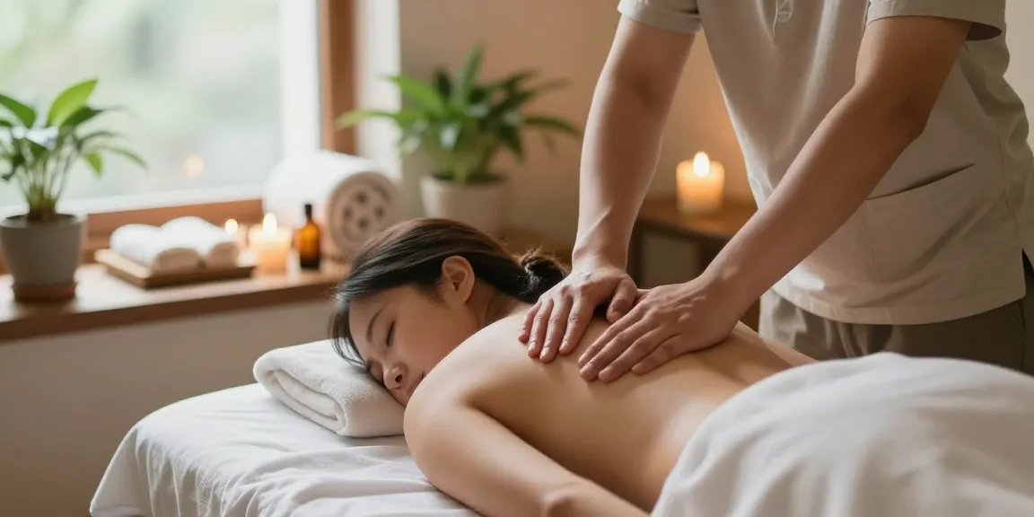 마사지 중인 Therapi의 손과 고객의 편안한 표정이 담긴 모습