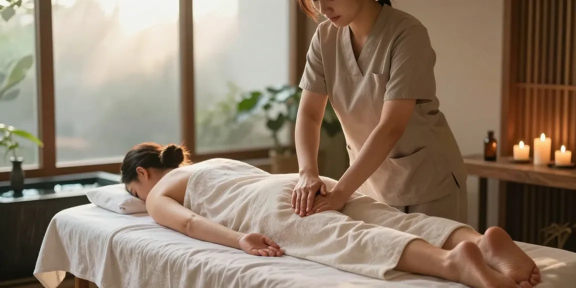마사지 테라피스트가 부드러운 조명의 스파 환경에서 고객에게 스웨디시 마사지를 제공하는 모습
