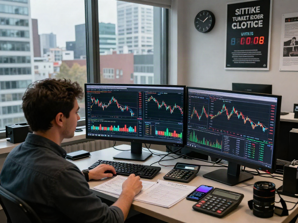 BTC 가격을 분석하는 트레이더의 집중된 모습과 금융 시장 도구들, 현대적인 거래 환경.