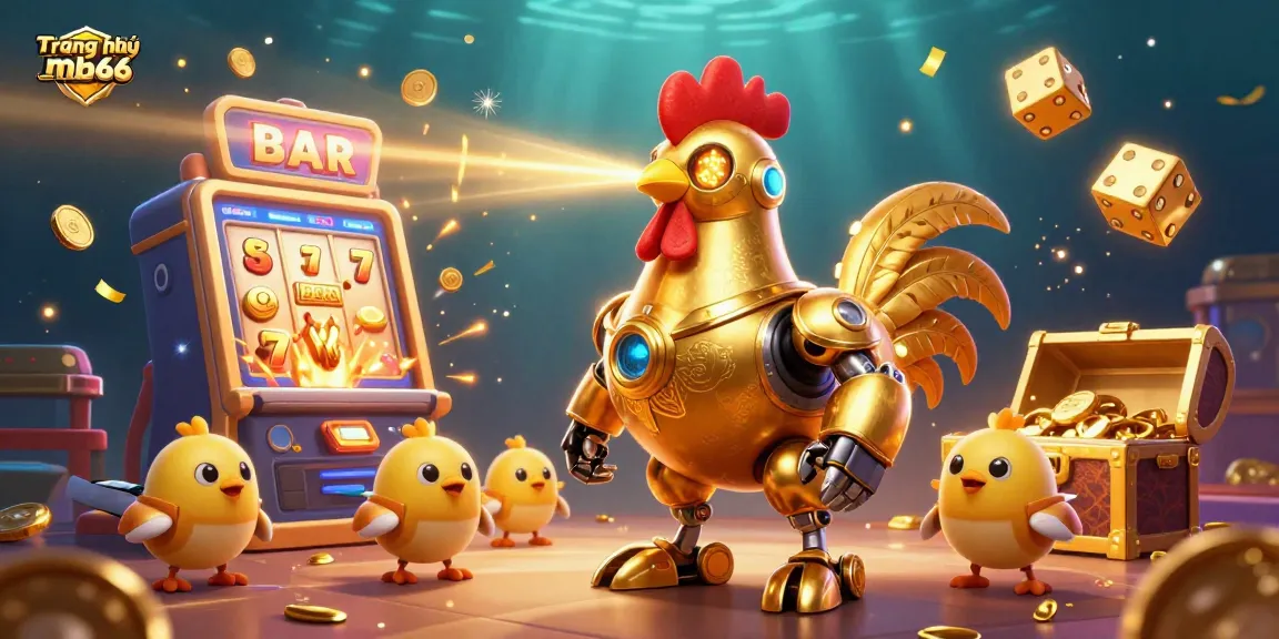 Experience thrilling casino action with the stunning scene of Trang chủ mb66, featuring a futuristic golden rooster robot amidst slot machines bursting with prizes.