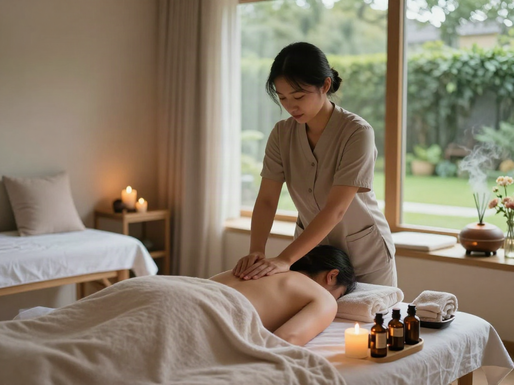 Relaxing 하남출장안마 massage therapy session in a tranquil spa setting with calming ambience.