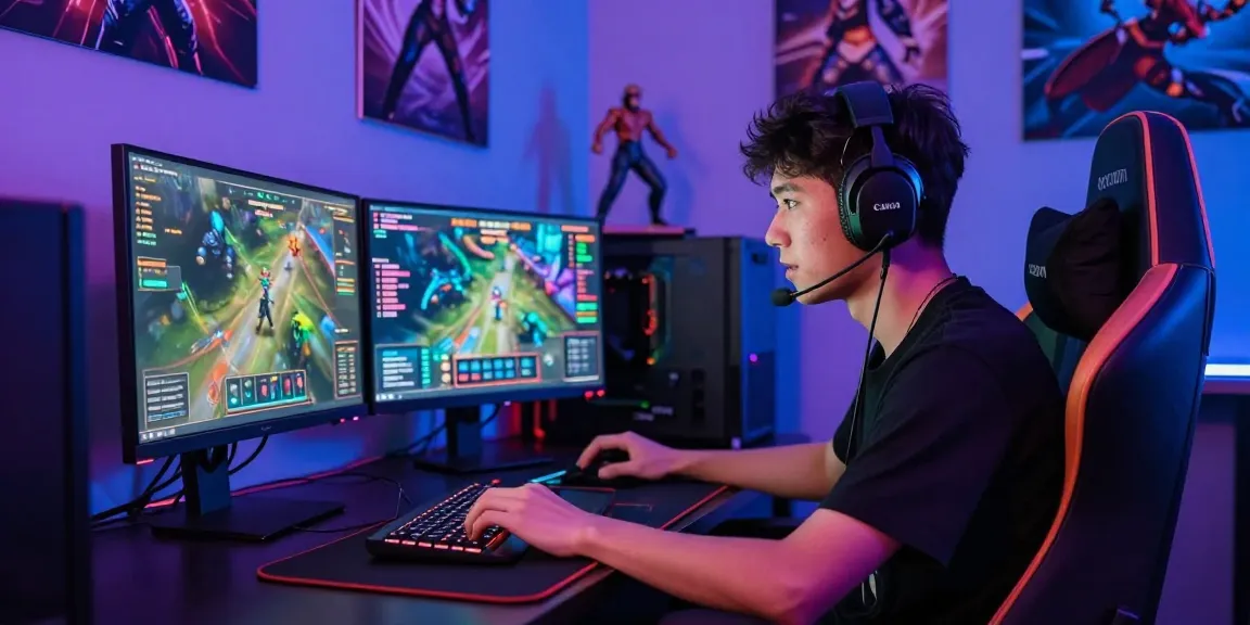 Engaging gaming setup showcasing rokok 88 player immersed in action, vibrant LED lighting, dual monitors.