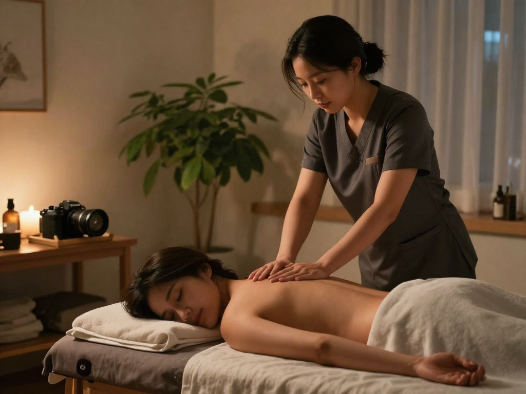 Relaxing 영등포출장안마 session showcasing a professional therapist in a serene home setting.
