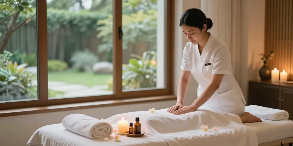 일산출장안마 massage therapy scene in a luxurious home spa.