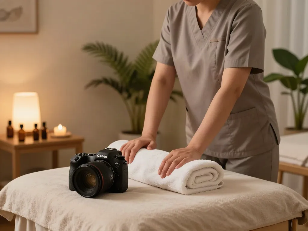 의정부출장안마 전문 마사지를 위한 편안한 공간, 소프트한 조명 아래 마사지 받는 준비하는 모습