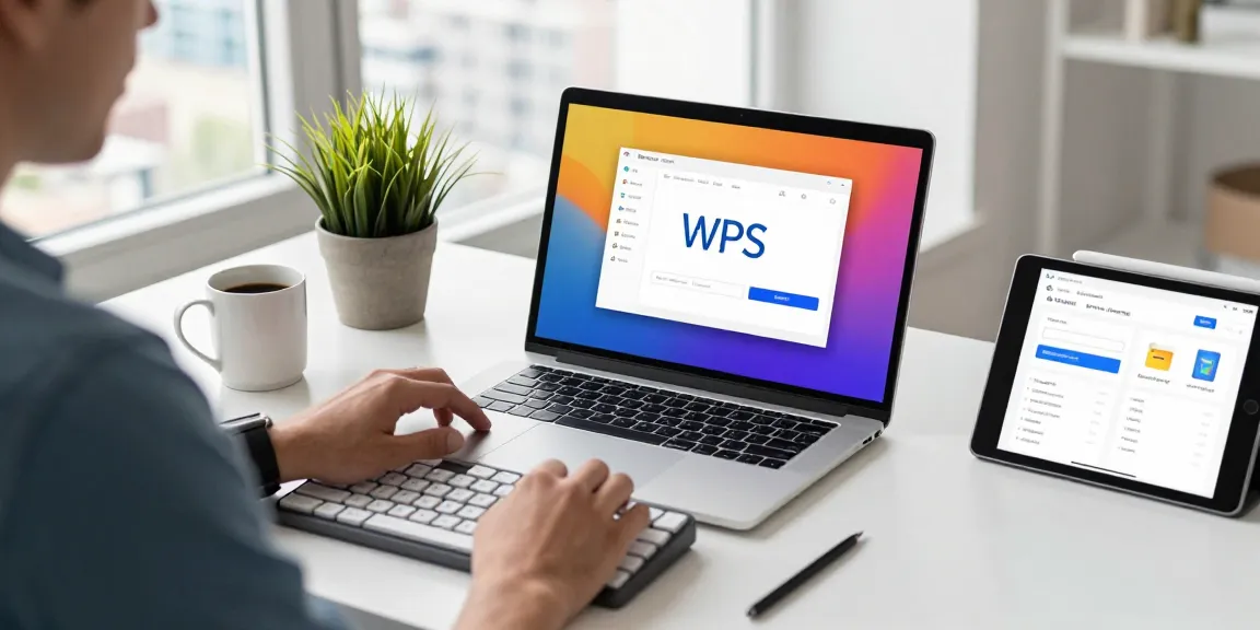 Person downloading WPS Download on laptop in modern workspace with city views.