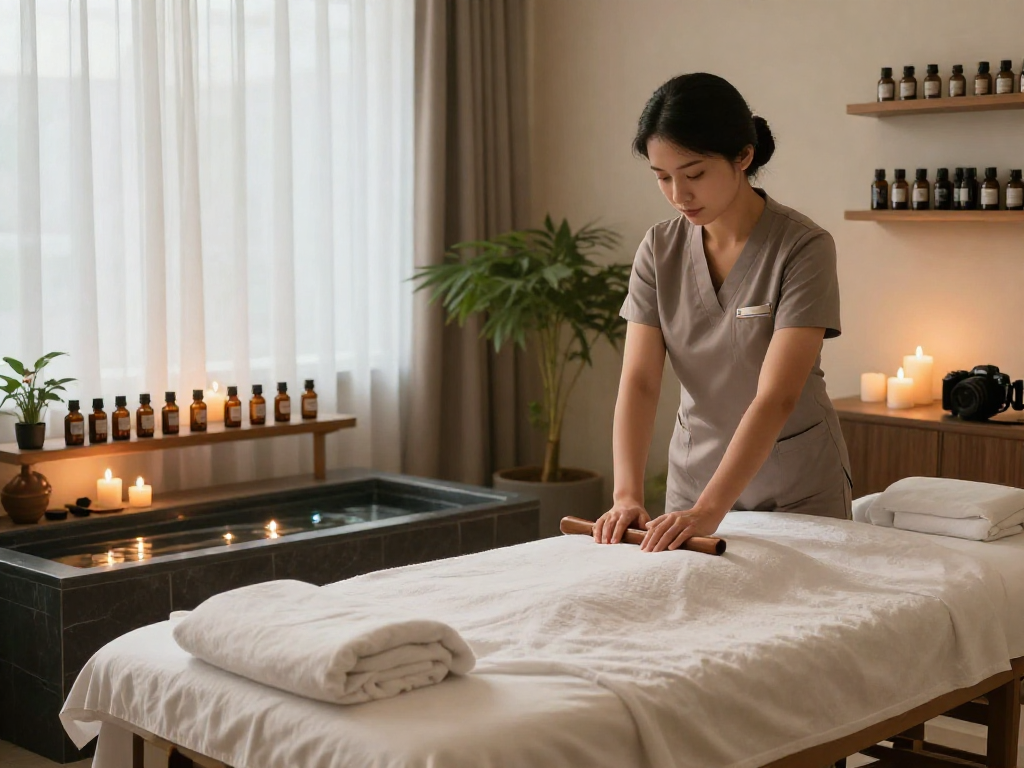 Relaxing 용인출장안마 setting with a professional massage therapist preparing a serene spa room filled with calming elements.