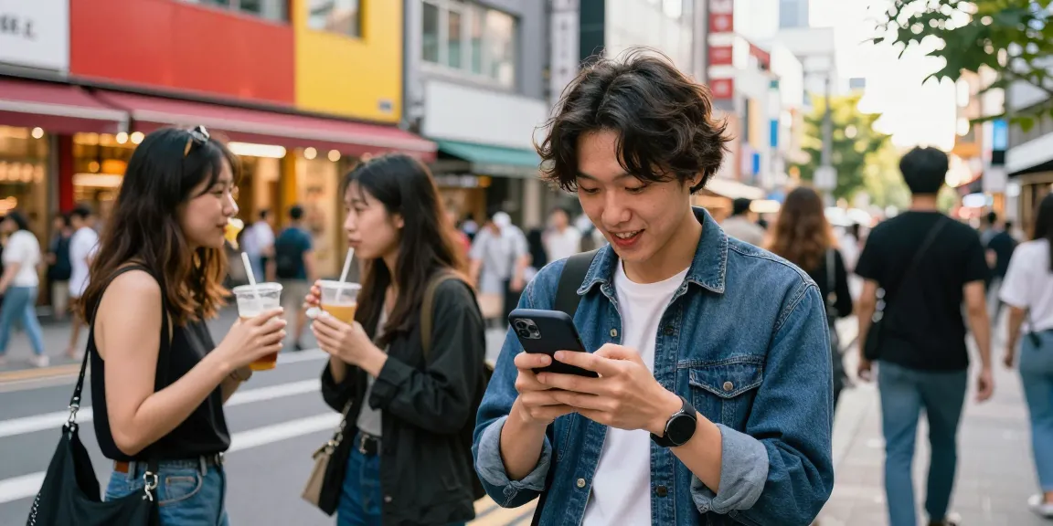 街中でスマートフォンを使い、いいね購入について楽しげに話す友人たち