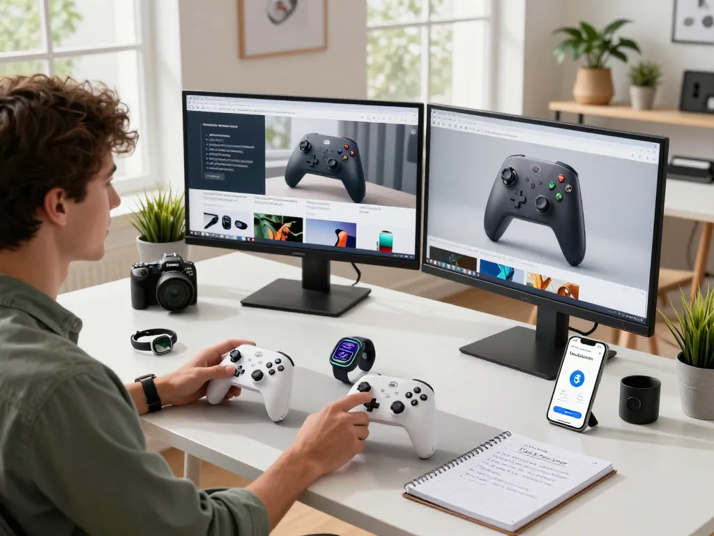 Exploring trending tech gadgets including Bluetooth devices in a modern workspace.