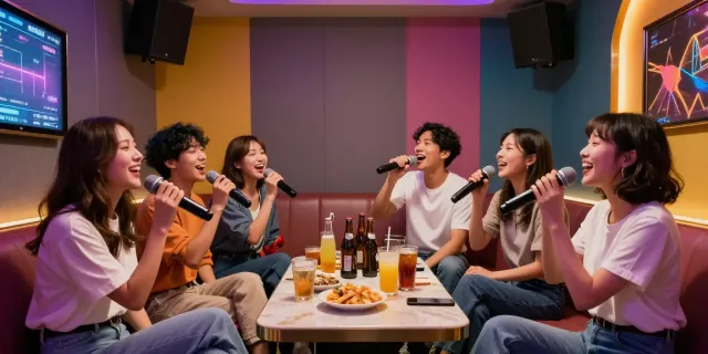 강남도파민에서 친구들과 즐거운 노래를 부르는 모습, 화려한 분위기와 함께.
