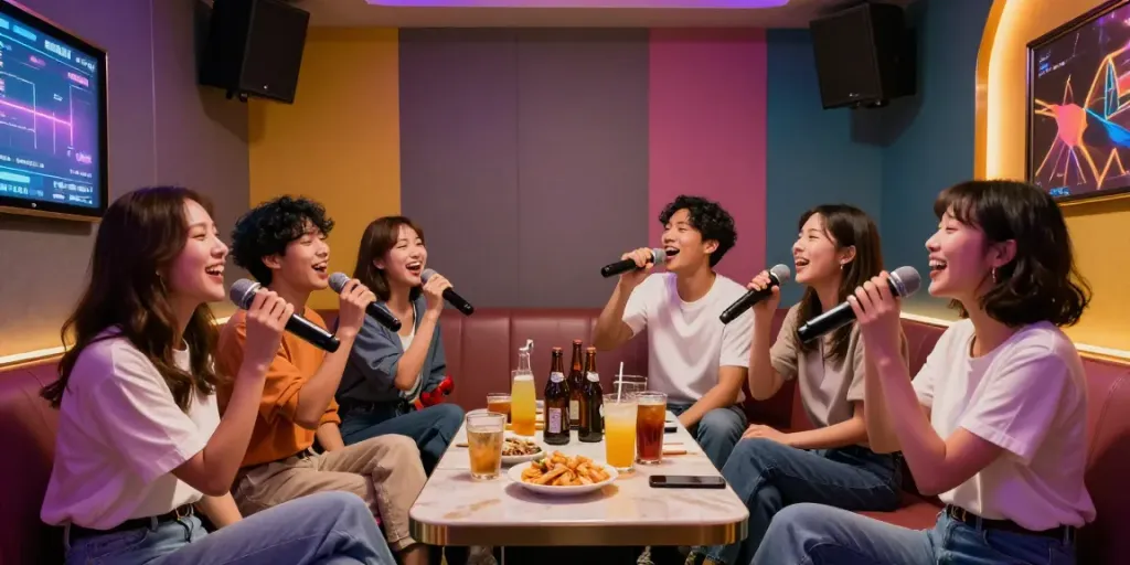 강남도파민에서 친구들과 즐거운 노래를 부르는 모습, 화려한 분위기와 함께.