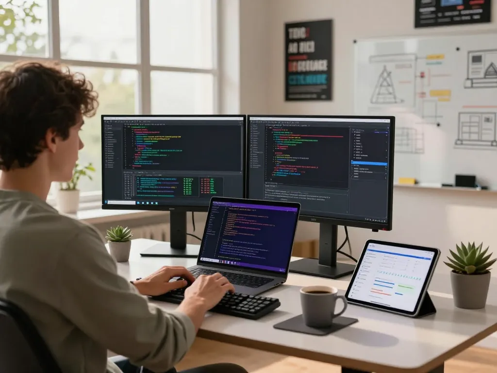 Developer using clawdbot ai in a modern software workspace with dual monitors and natural light.