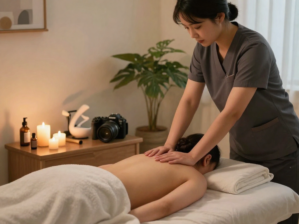 Relaxing 강서구출장마사지 session showing professional massage therapist in a tranquil home setting