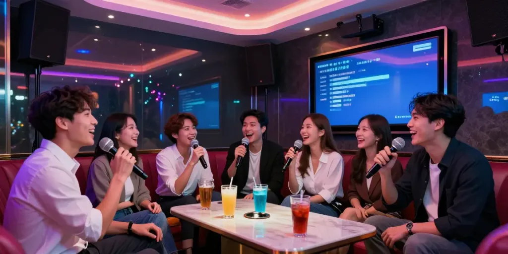 강남 달토 프리미엄 가라오케에서 즐거운 시간을 보내는 젊은 전문직 종사자들