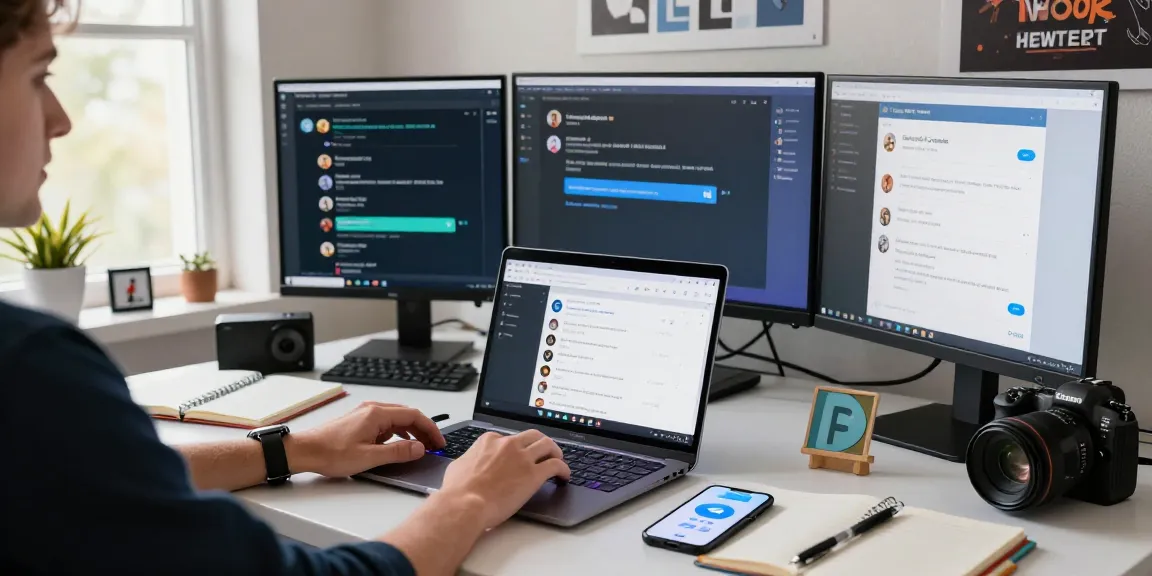 Engaging workspace with user accessing the Telegram web version on laptop and smartphone amidst tech gadgets.