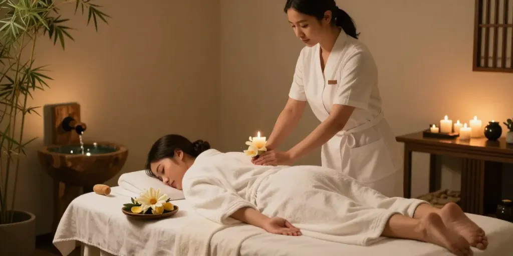 일산출장안마를 위한 고급 스파 치료 장면, 아늑한 조명과 꽃 장식이 있는 마사지 테이블을 준비하는 전문가