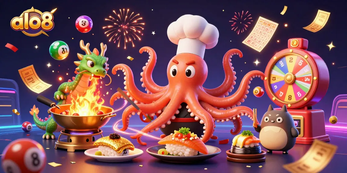 Experience the excitement of alo8 with dynamic scenes of a sushi chef octopus, entertaining dragon, and lively gaming elements.