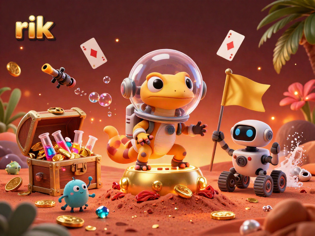 Experience the thrilling discovery of a golden casino in the Martian sands with rik as vibrant gold coins and gems surround an epic scene.