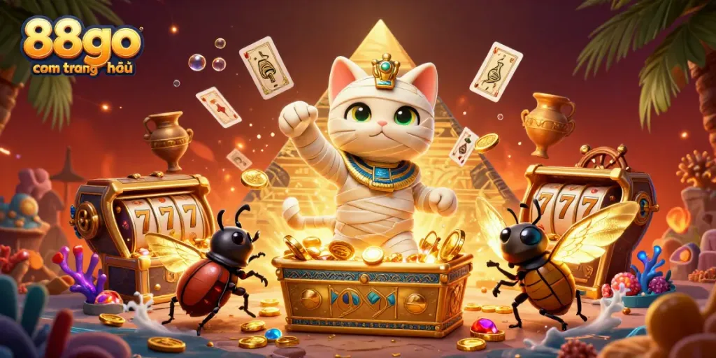 Experience the excitement of 88go com trang chủ with a thrilling mummy cat scene bursting with casino treasures.