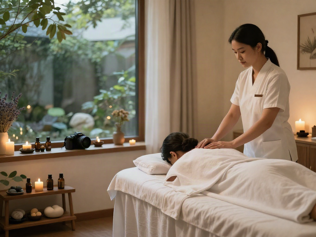 Relaxing 하남출장안마 massage therapy scene in a tranquil spa with calming atmosphere