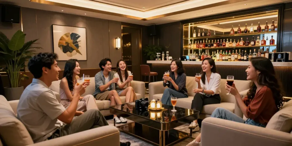강남유앤미에서 친구들과 즐거운 시간을 보내는 고급스러운 분위기의 실내 공간