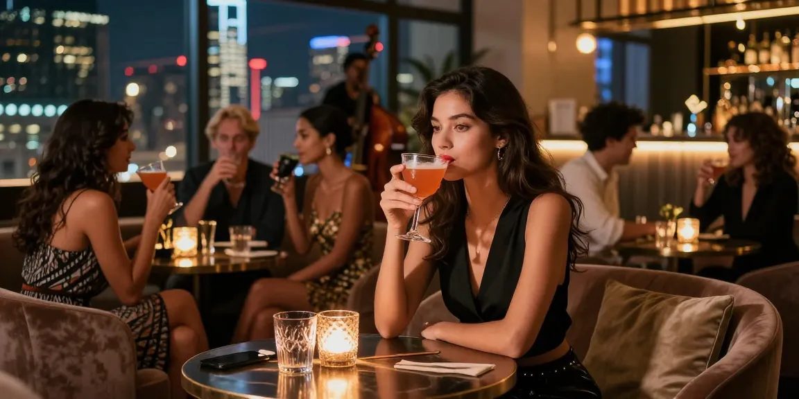 Group enjoying a stylish night out at a bar, highlighting the 오피 experience with vibrant city views.