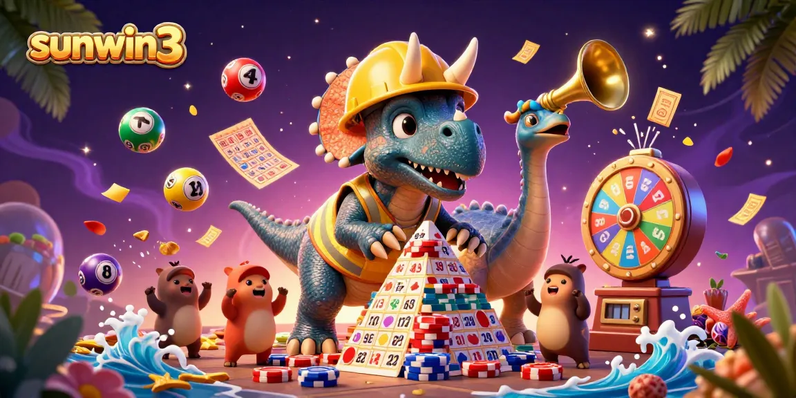 Cheerful triceratops and parasaurolophus celebrating at sunwin3 with dynamic lottery themed elements.