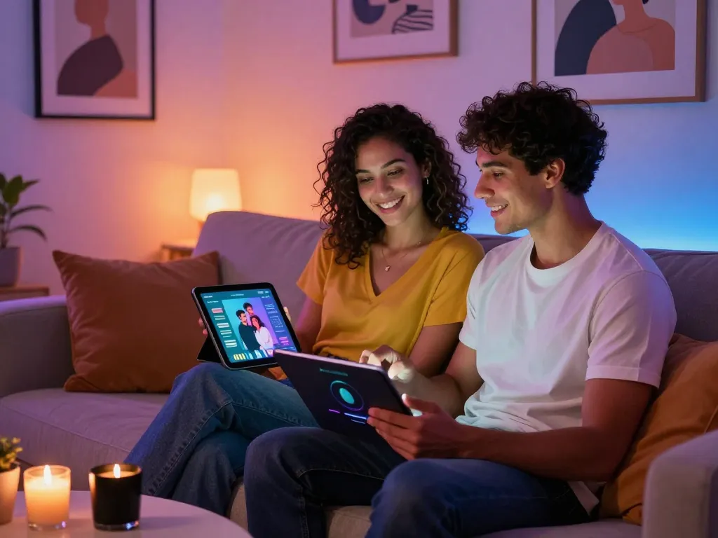 Couple exploring AI sex applications on tablets in a cozy, ambient-lit room
