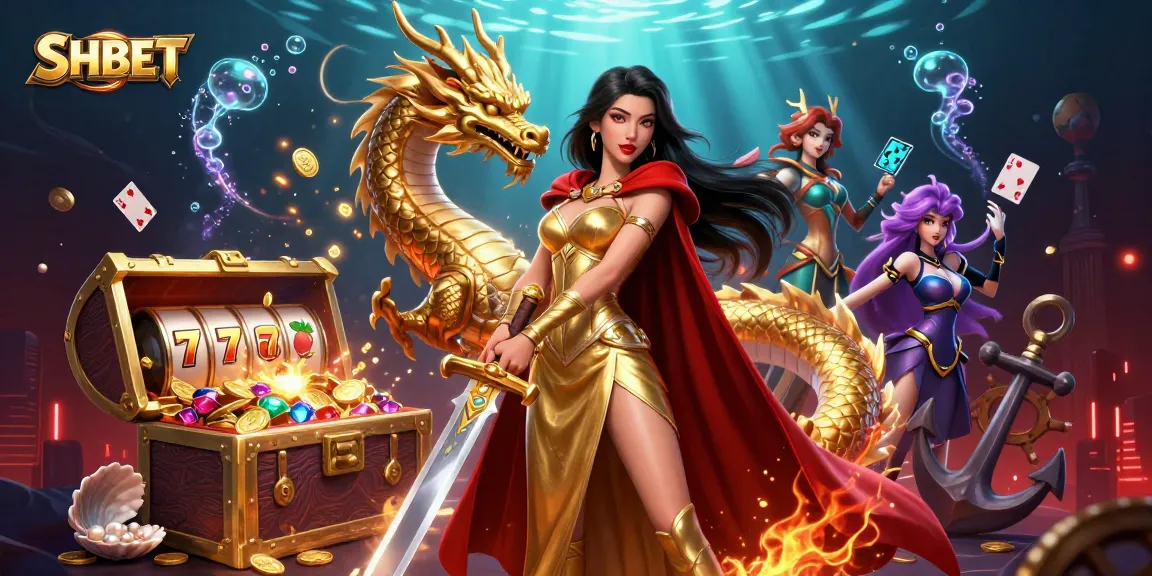 Experience the thrill of SHBET with a warrior queen and a golden dragon in a colorful casino scene.