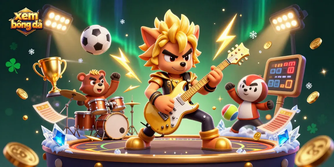 Experience xem bóng đá with energetic 3D illustration showcasing sports elements and jackpot excitement.